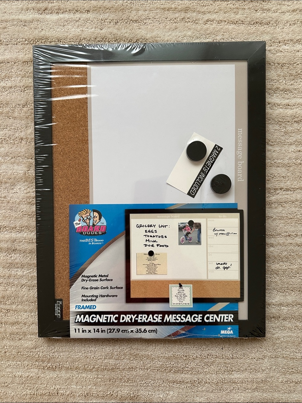 NWT The Board Dudes Magnetic Dry-Erase Message Center Framed Cork 11in x 14in